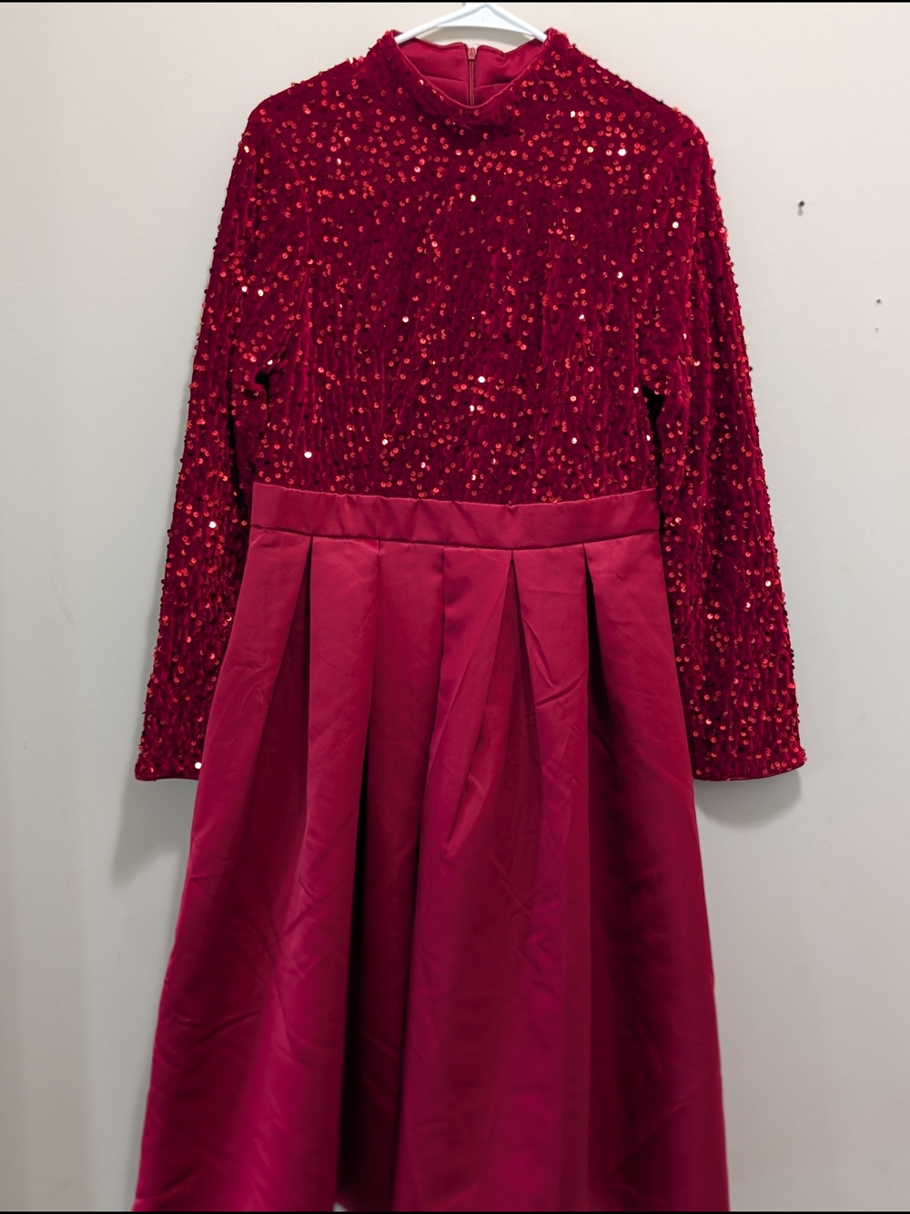 SHEIN Red Sequin Bodice Midi Dress with Pleated Satin Skirt